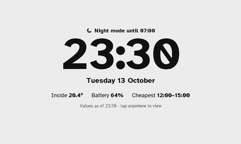 Night screen: a large clock 23:30, night mode until 07:00, and one line with inside temperature, battery and the cheapest hours.