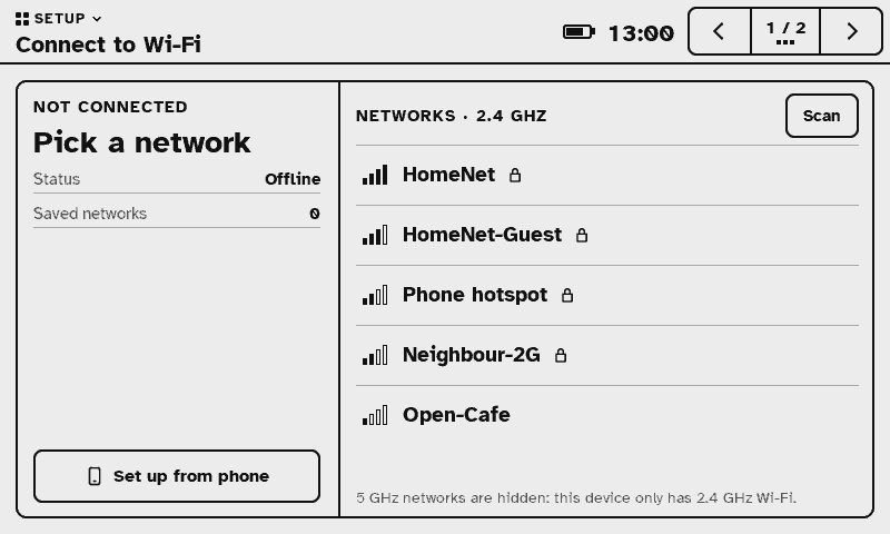First setup screen: pick a Wi-Fi network from a list, or set up from your phone.