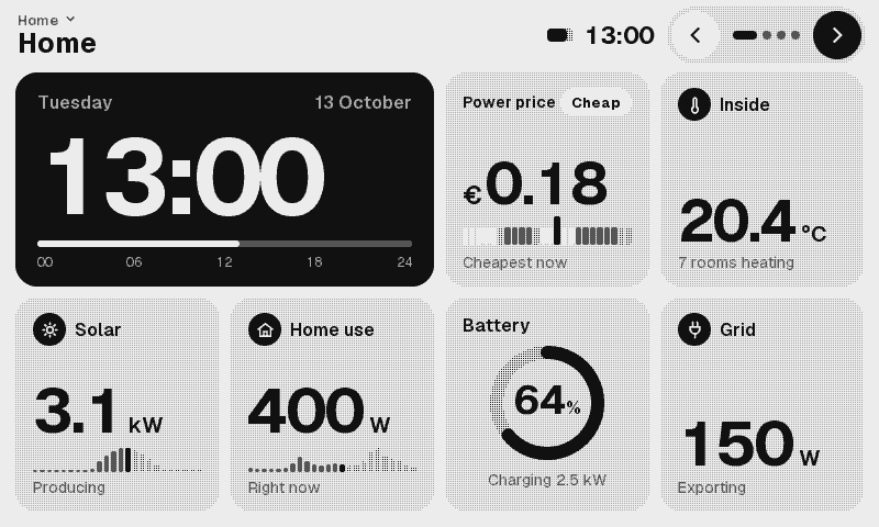 Sleek style home screen: the same values with rounded tiles, small history bars and a ring for the battery.
